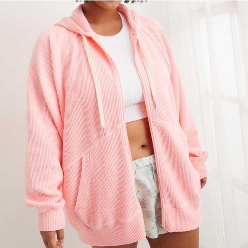 AERIE Wonder Full Zip Textured Hoodie In Pink Overesized Pockets Cozy Size Small